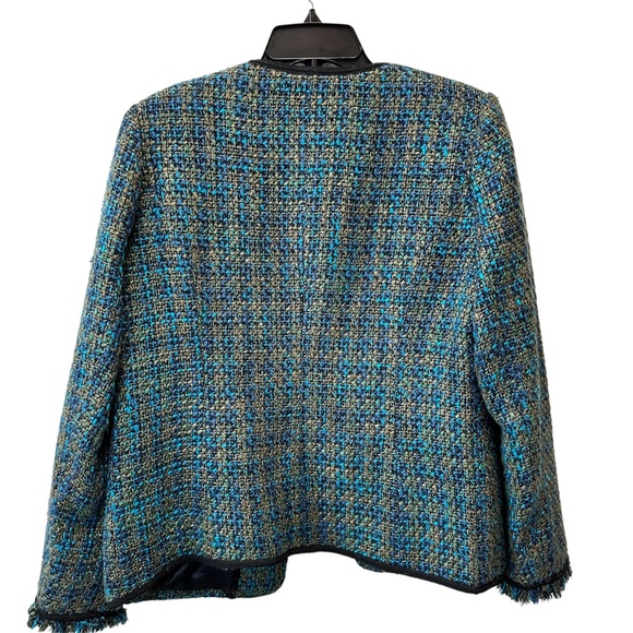 Vintage David Brooks Blue Green Tweed Fully Lined Cardigan Jacket Tassels Sz 8 - Picture 2 of 15